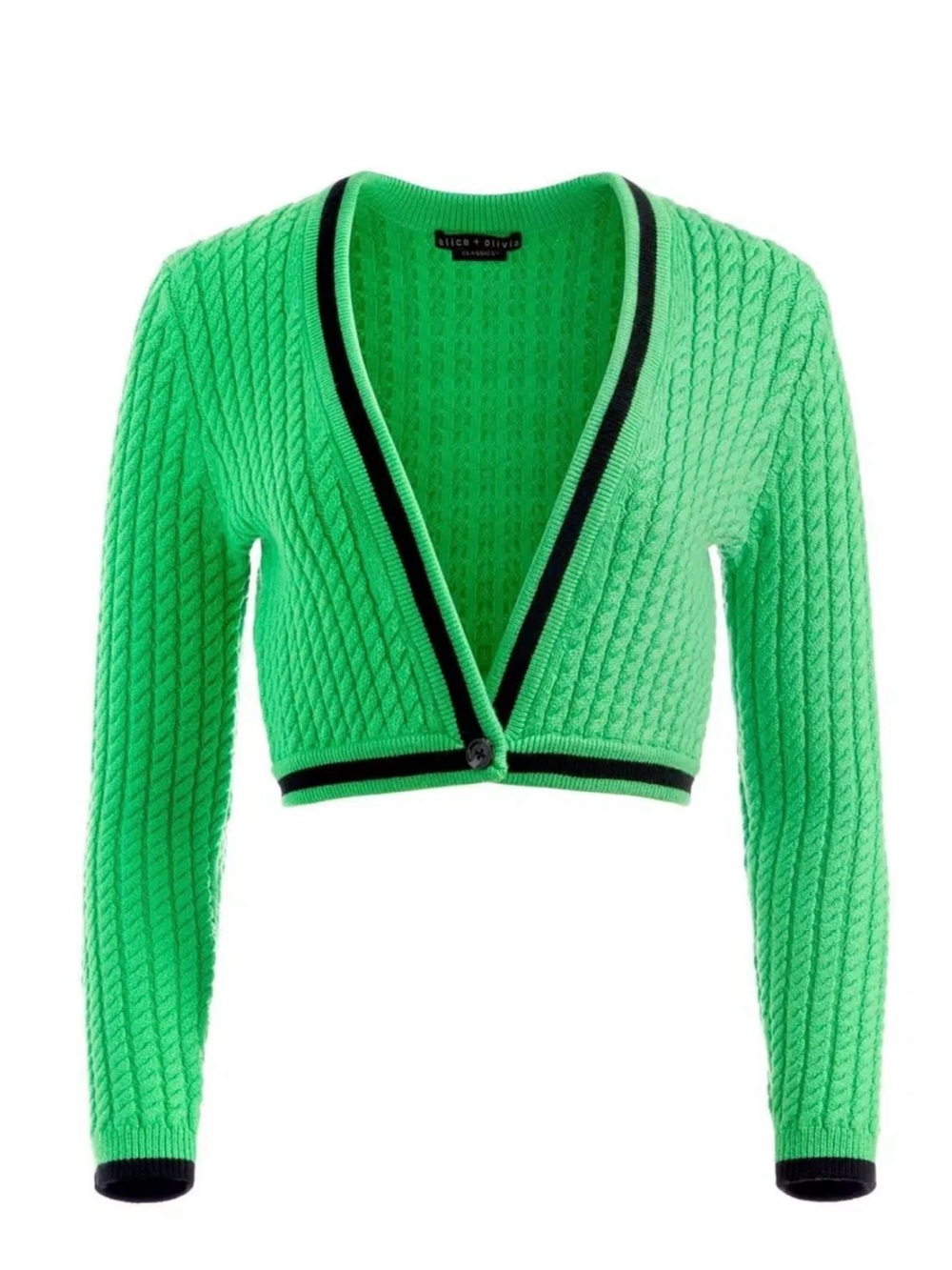 Alice + Olivia Bright Green Cropped Cable-Knit Cardigan with Black Trim
